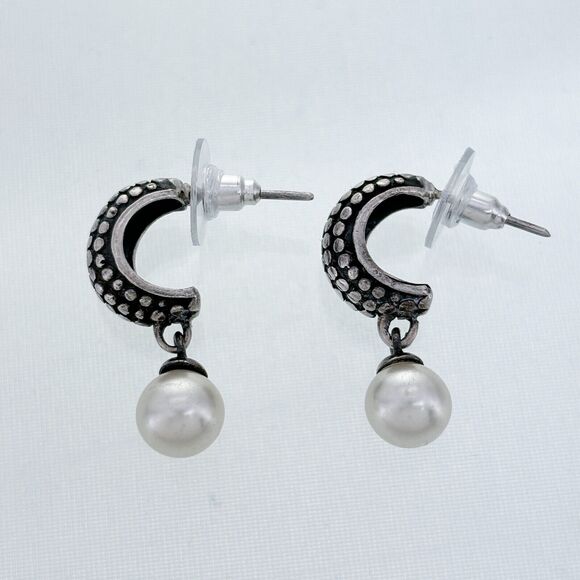 Vintage Sterling Silver 925 Hobnail Detail Imitation Pearl Drop Earrings - Picture 2 of 6